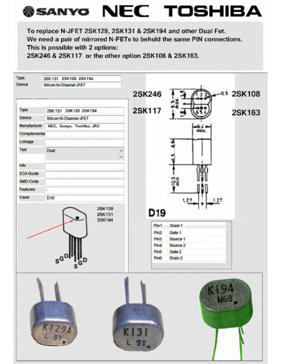 NEC, Sanyo, Replacement Replacement info for Dual N-JFETs 2SK129, 2SK131, 2SK194 etc.