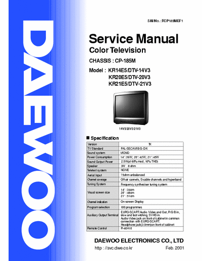 DAEWOO KR14/20/21E5 DTV14/20/21/V3 Service manual and circuit diagram