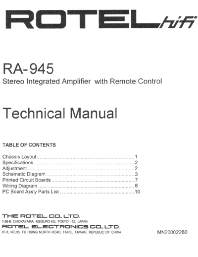 Rotel RA-945 Rotel RA-945 Stereo integrated amplifier Service Manual