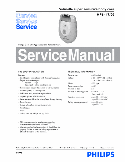 Philips HP6447 /00 Service Manual Satinelle Super Sensitive Body Care 4W - pag. 3