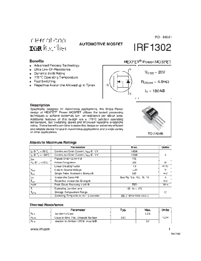 International Rectifier irf1302  . Electronic Components Datasheets Active components Transistors International Rectifier irf1302.pdf