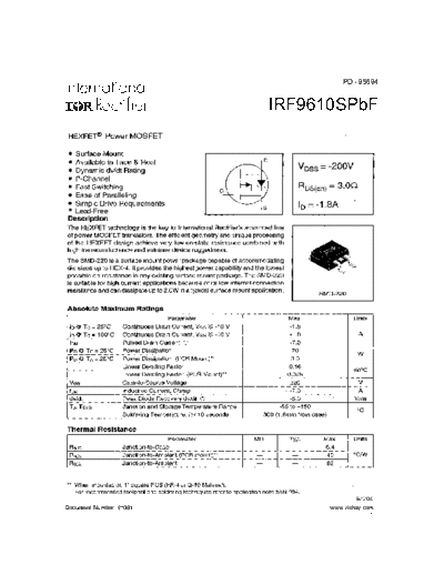 International Rectifier irf9610s  . Electronic Components Datasheets Active components Transistors International Rectifier irf9610s.pdf