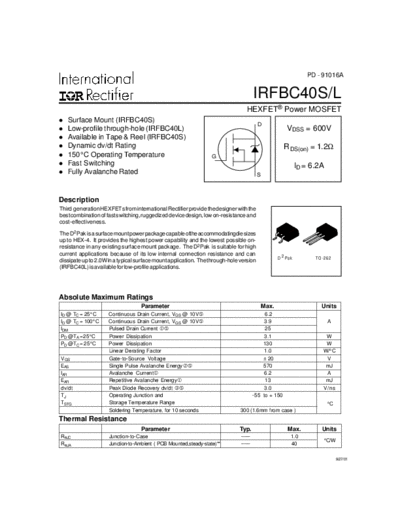 International Rectifier irfbc40s  . Electronic Components Datasheets Active components Transistors International Rectifier irfbc40s.pdf