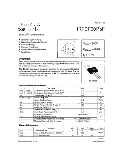 International Rectifier irfbf20pbf  . Electronic Components Datasheets Active components Transistors International Rectifier irfbf20pbf.pdf