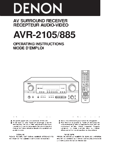 DENON  AVR-2105 & 885  DENON AV Surround Receiver & Amplifier AV Surround Receiver & Amplifier Denon - AVR-2105 & 885 & AVC-1890  AVR-2105 & 885.pdf