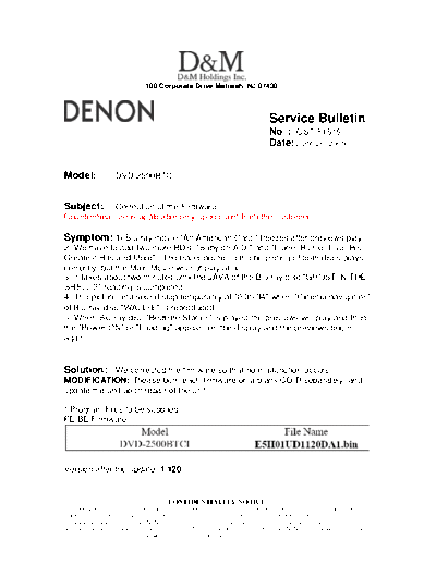 DENON Service Bulletin OST-F1519  DENON DVD Video Player DVD Video Player Denon - DVD-2500BT & 3800BD Service Bulletin OST-F1519.PDF