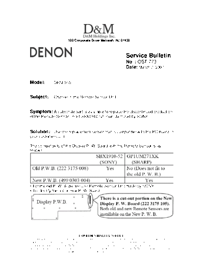 DENON Service Bulletin OST-773  DENON Stereo Cassette Tape Deck Stereo Cassette Tape Deck Denon - DRM-555 Service Bulletin OST-773.PDF